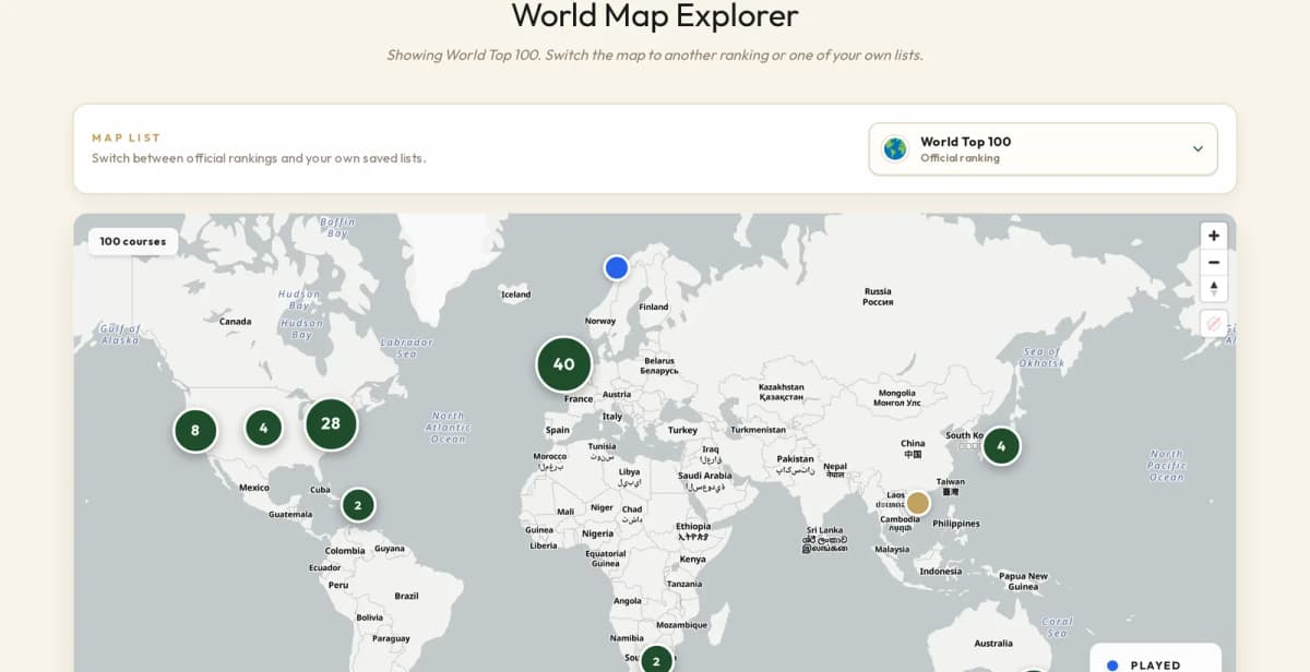World map explorer with clustered course markers