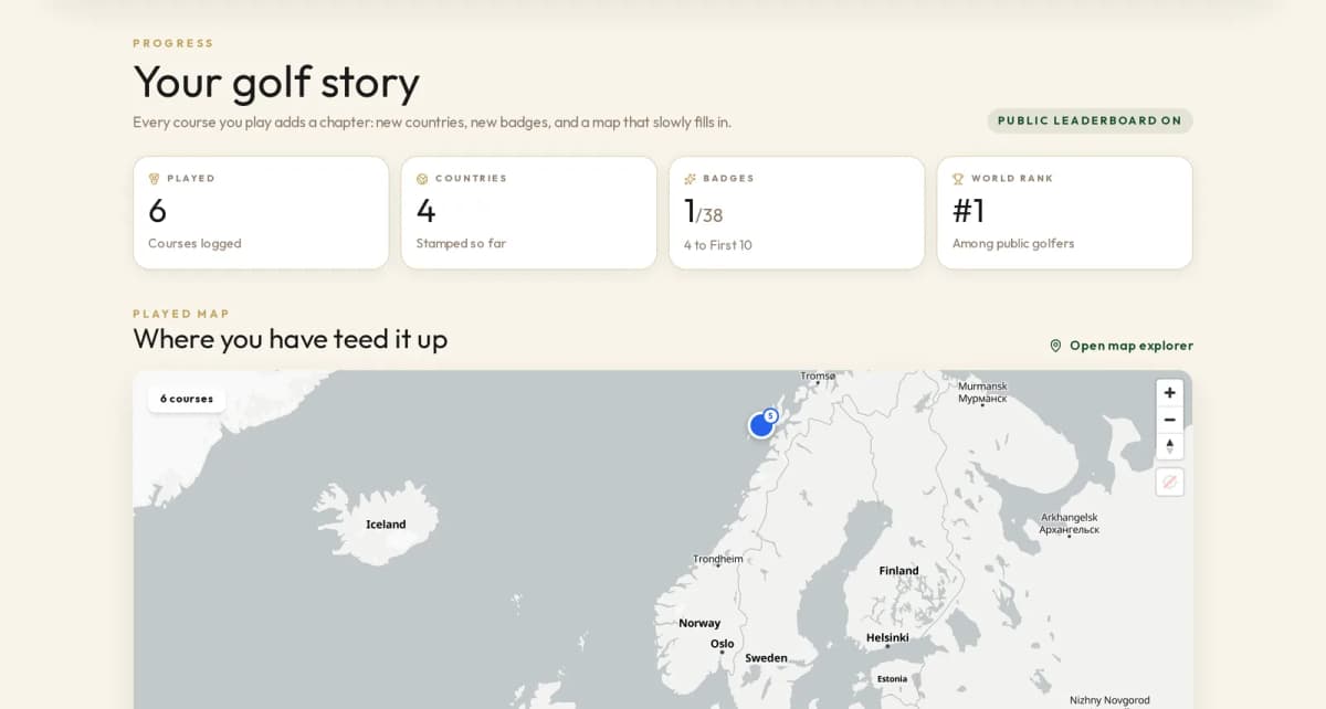 Progress dashboard with played map, badges, and world rank